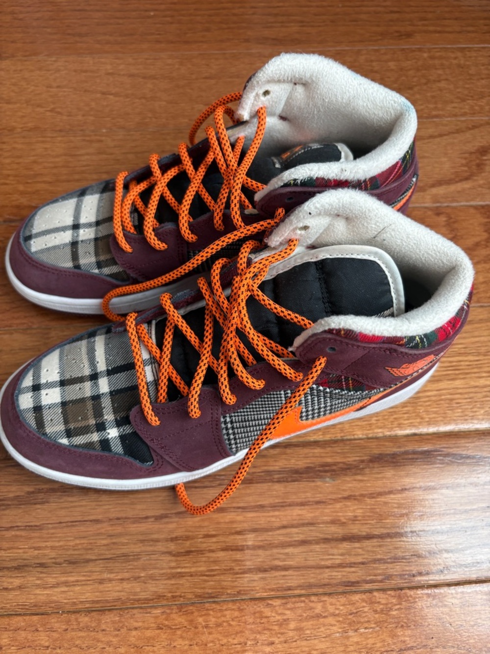 Nike Kids Burgundy Plaid Sneakers with Orange Laces